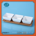Set de plato de servir 4pcs, cuenco de cerámica con bandeja de bambú, conjunto de tazón de porcelana con bandeja
